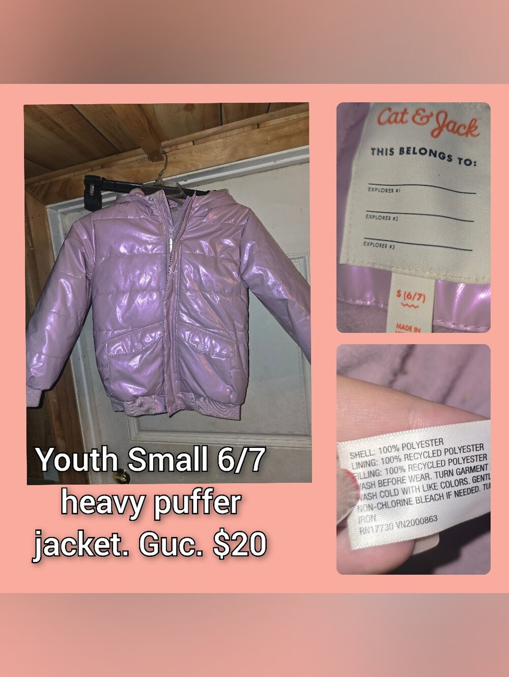 Cat & Jack Iridescent Light Pink Puffer Jacket